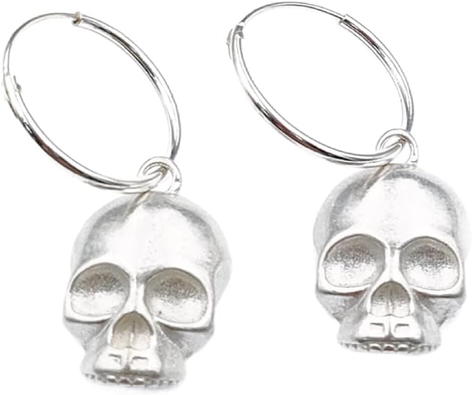 Silver Skull Hoop Earrings, edgy skeleton charm