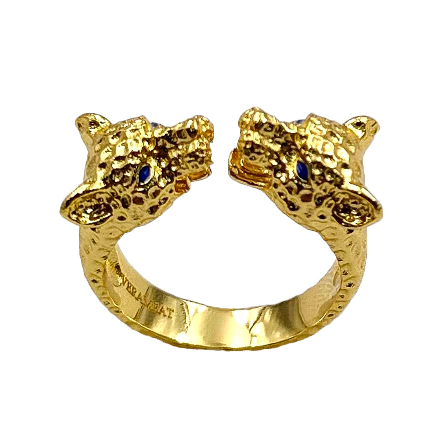 Double-headed leopard ring in gold brass, animal-inspired jewelry