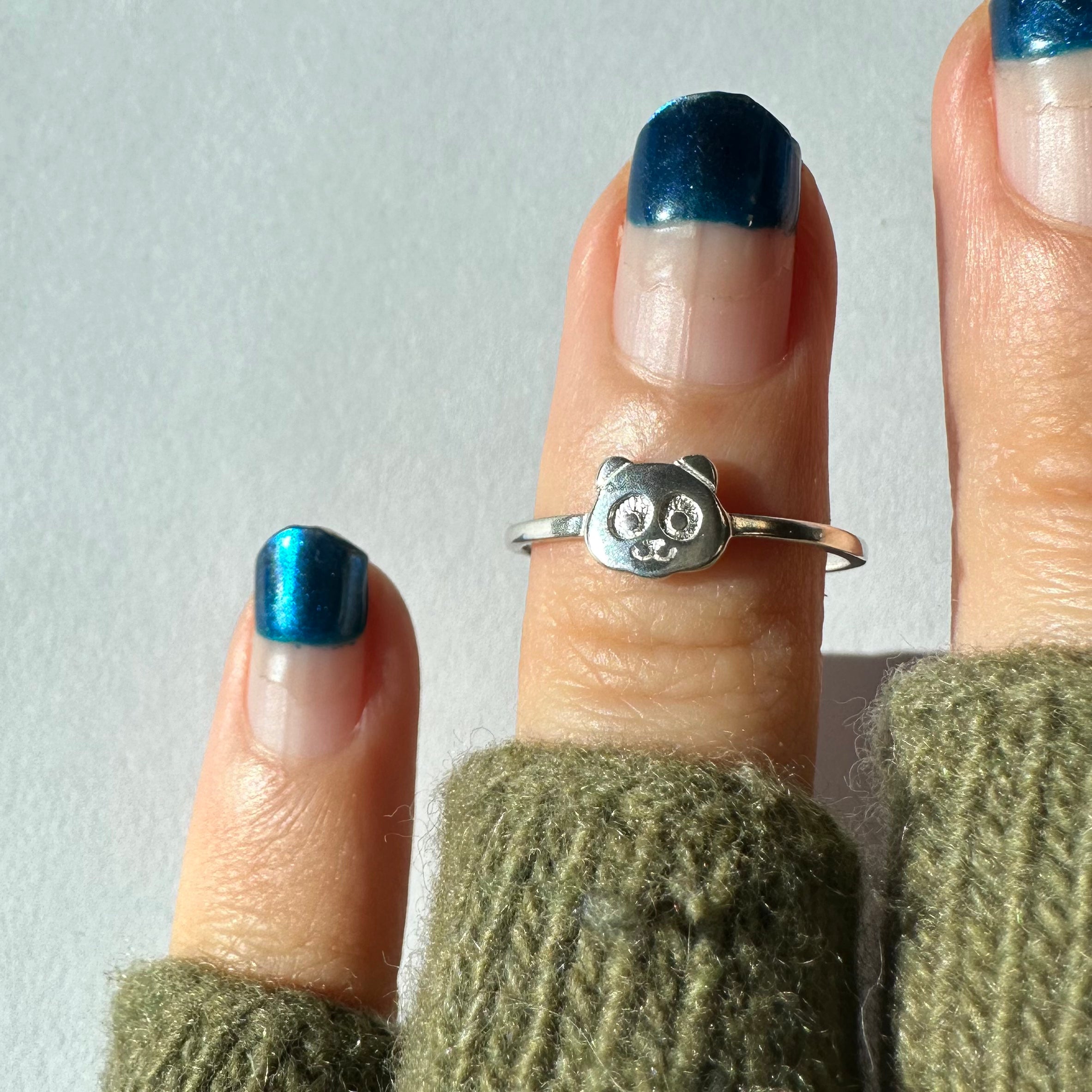 Sterling silver panda ring, cute panda face design, animal-inspired jewelry
