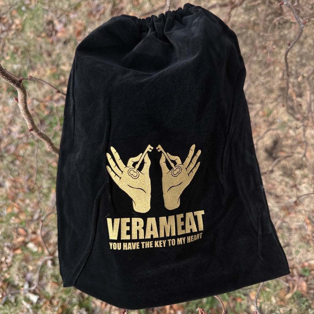 Black Velvet Tote Bag with Gold VERAMEAT Logo, Drawstring Gift Bag