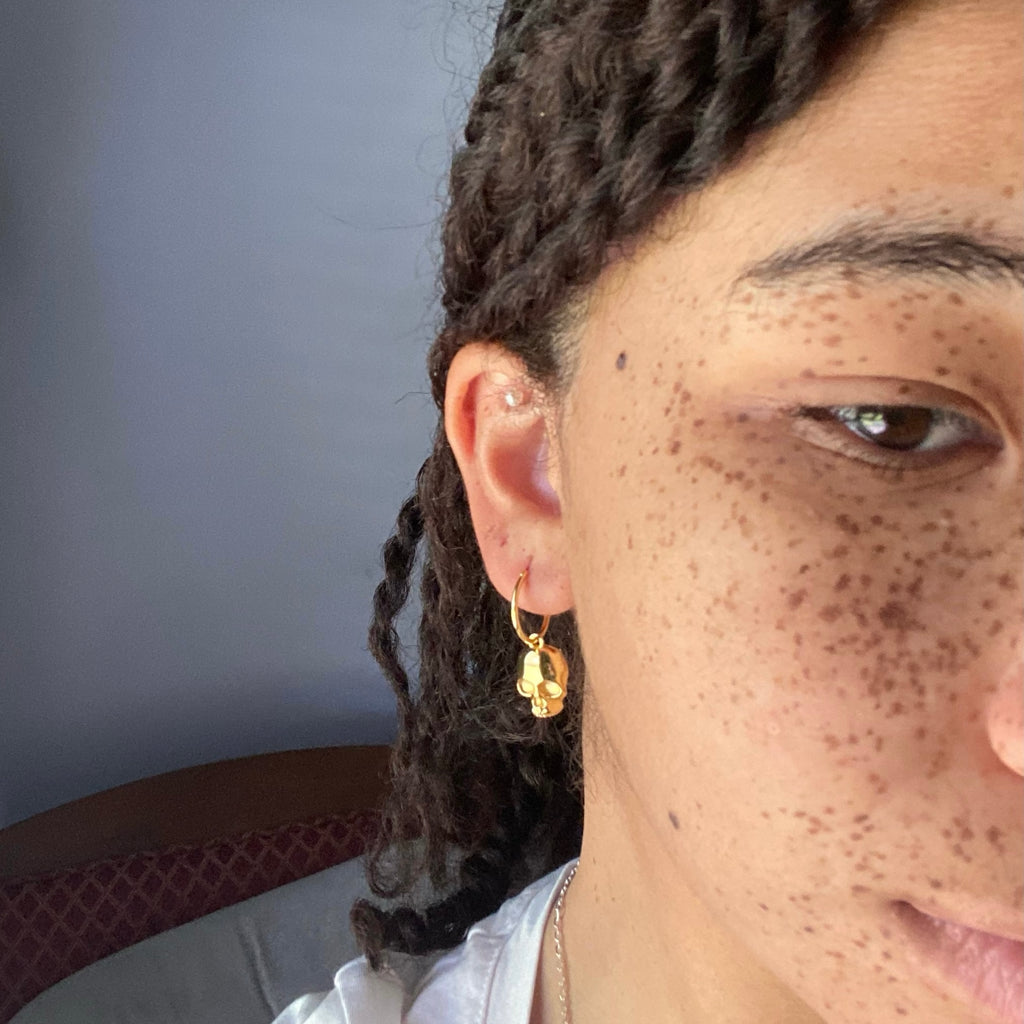 Gold Skull Hoop Earrings, edgy skeleton charm