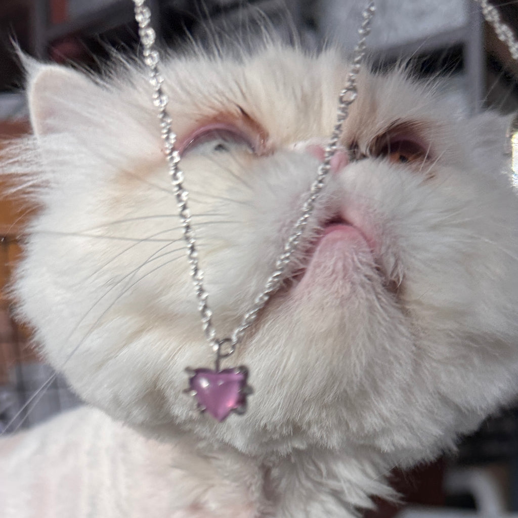 Silver heart claw necklace, Romantic purple heart gemstone