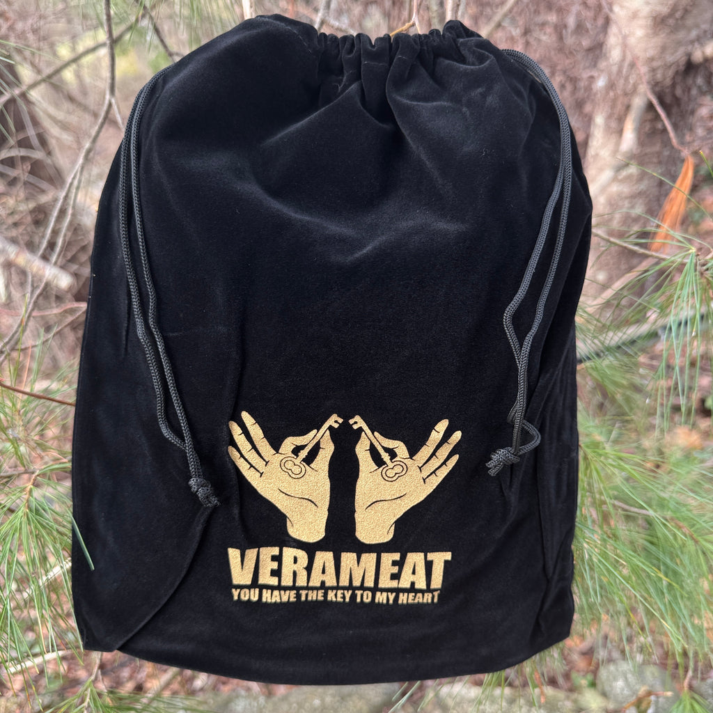 Black Velvet Tote Bag with Gold VERAMEAT Logo, Drawstring Gift Bag