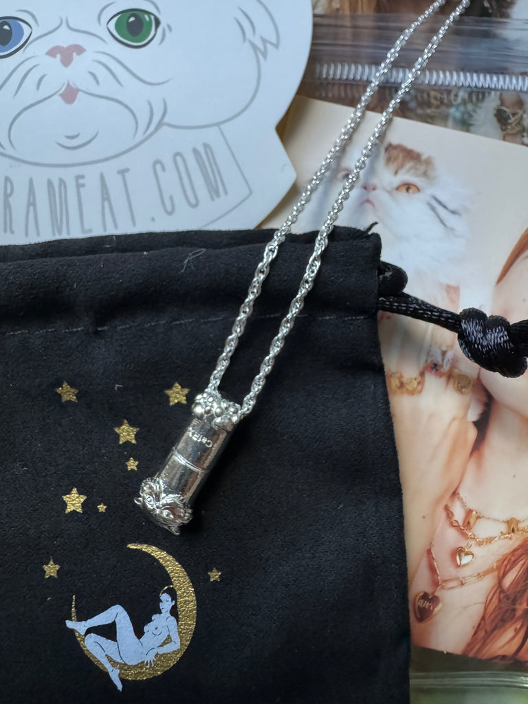 Silver Cat RX Pendant Necklace, Cat-themed Jewelry, pill design