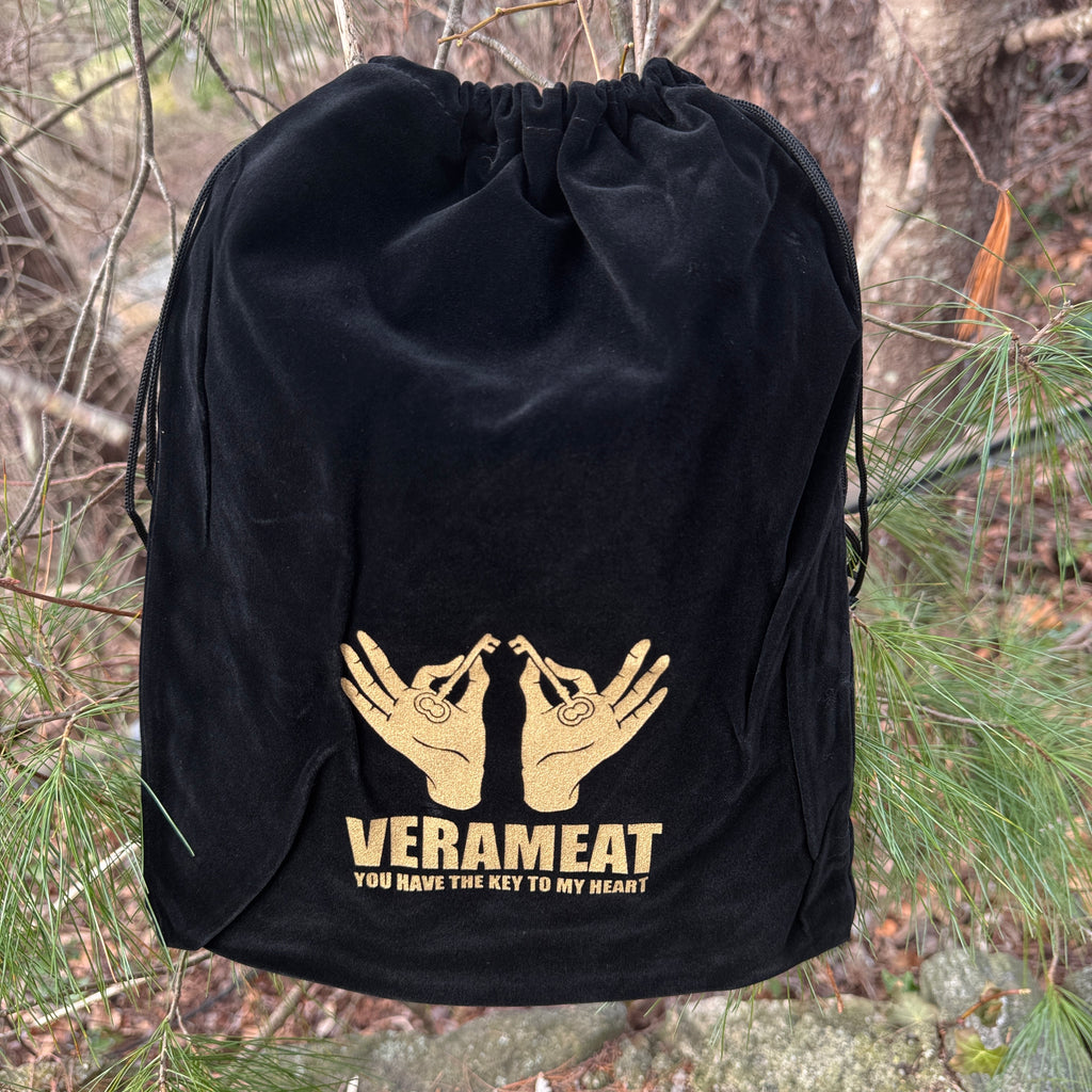 Black Velvet Tote Bag with Gold VERAMEAT Logo, Drawstring Gift Bag