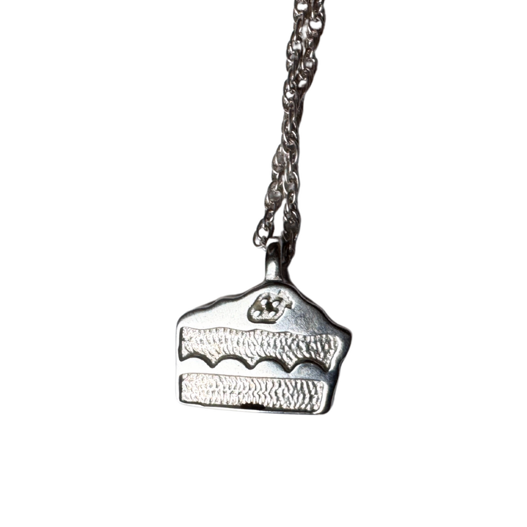 Silver cake slice necklace, Cute dessert jewelry