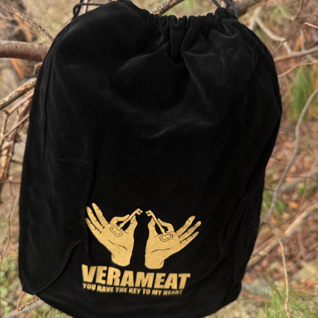 Black Velvet Tote Bag with Gold VERAMEAT Logo, Drawstring Gift Bag