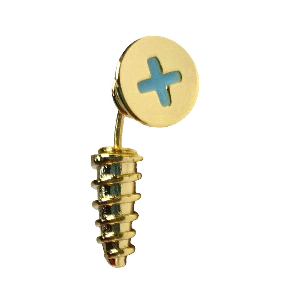 Gold brass screw stud earring with blue cross, edgy fashion accessory