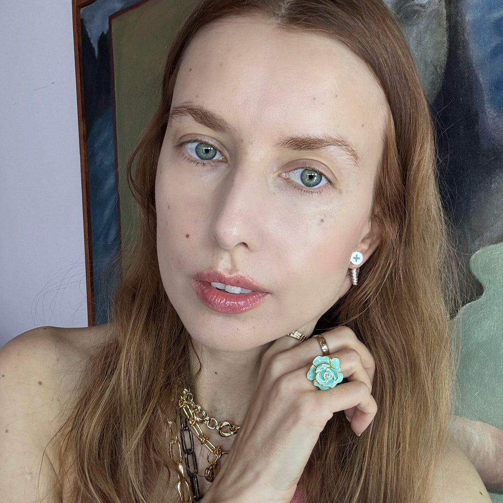 Sterling silver screw stud earring with blue cross, edgy fashion accessory