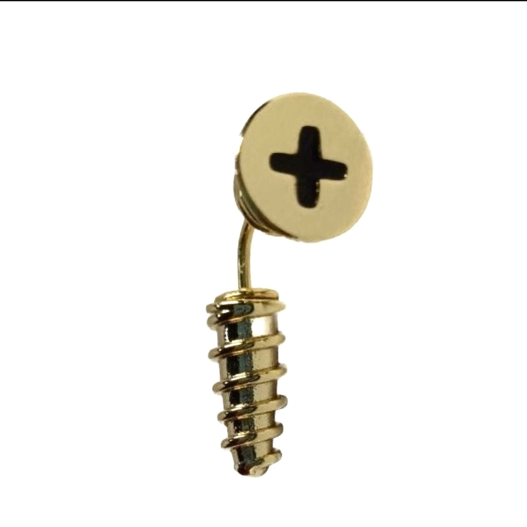 Gold brass screw stud earring with black cross, edgy fashion accessory
