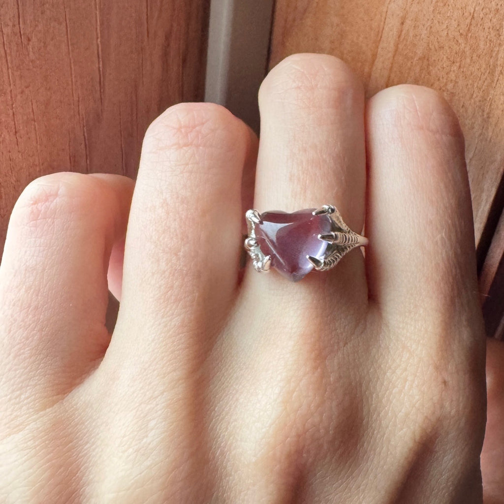 Silver heart claw ring, Romantic purple heart gemstone