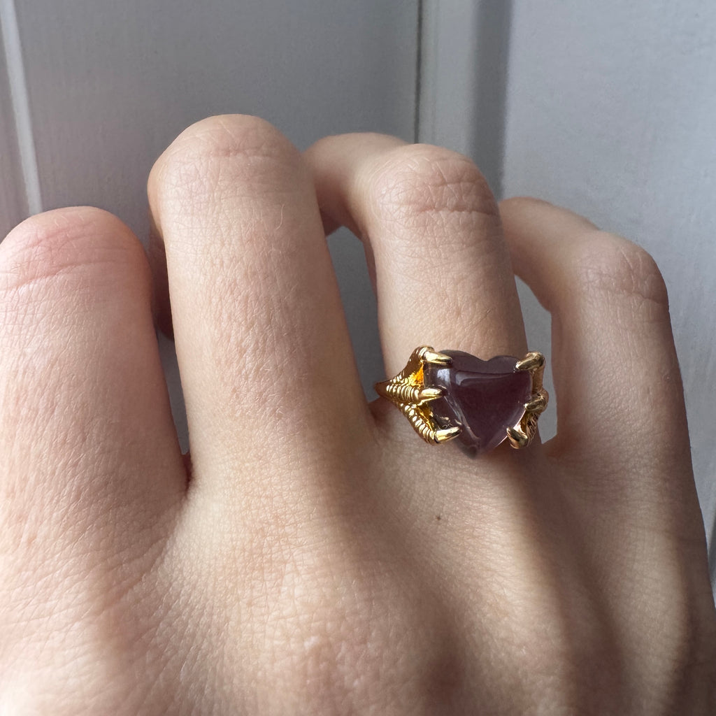 Gold heart claw ring, Romantic purple heart gemstone