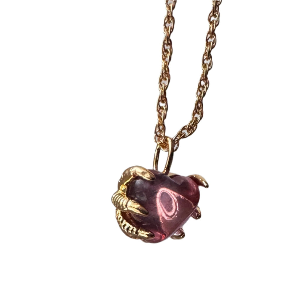 Gold Brass heart claw necklace, Romantic purple heart gemstone