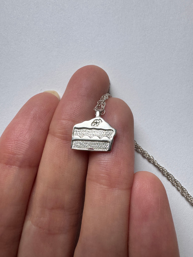 Silver cake slice necklace, Cute dessert jewelry