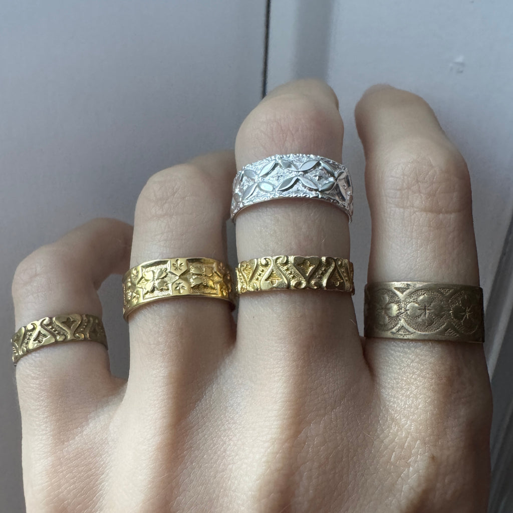 Engraved ring bands, vintage style mixed metal ring set