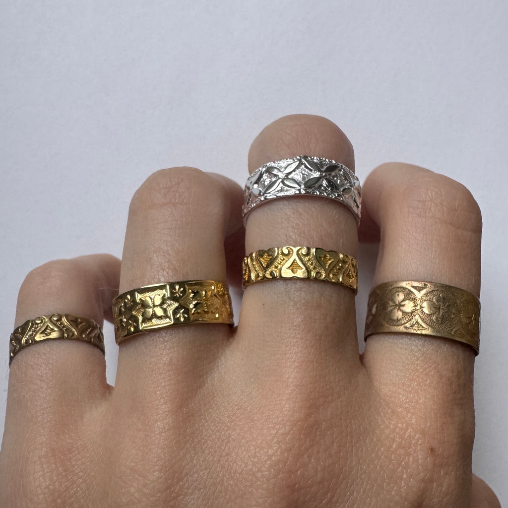 Engraved ring bands, vintage style mixed metal ring set