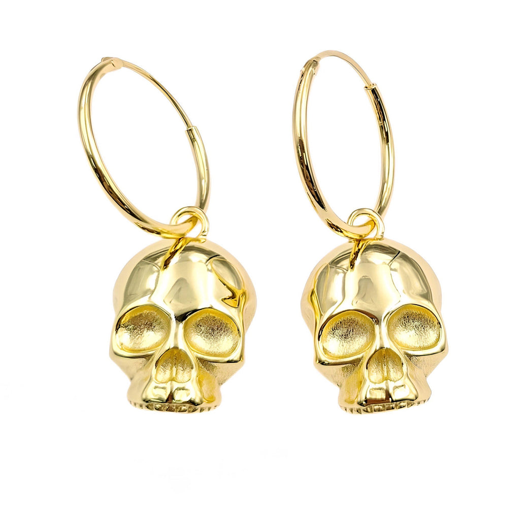 Gold Skull Hoop Earrings, edgy skeleton charm